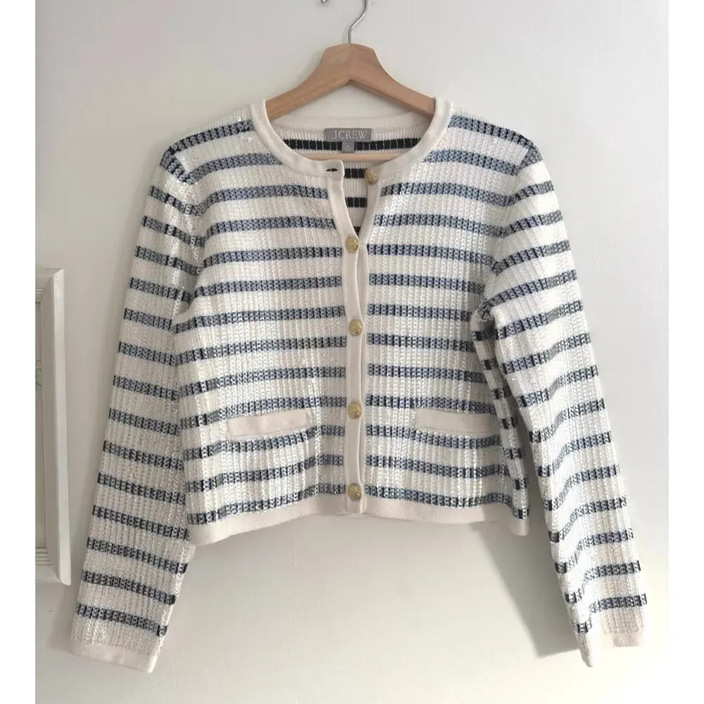 J. CREW Emilie Sweater Lady Jacket In Sequin Stripe Size Medium